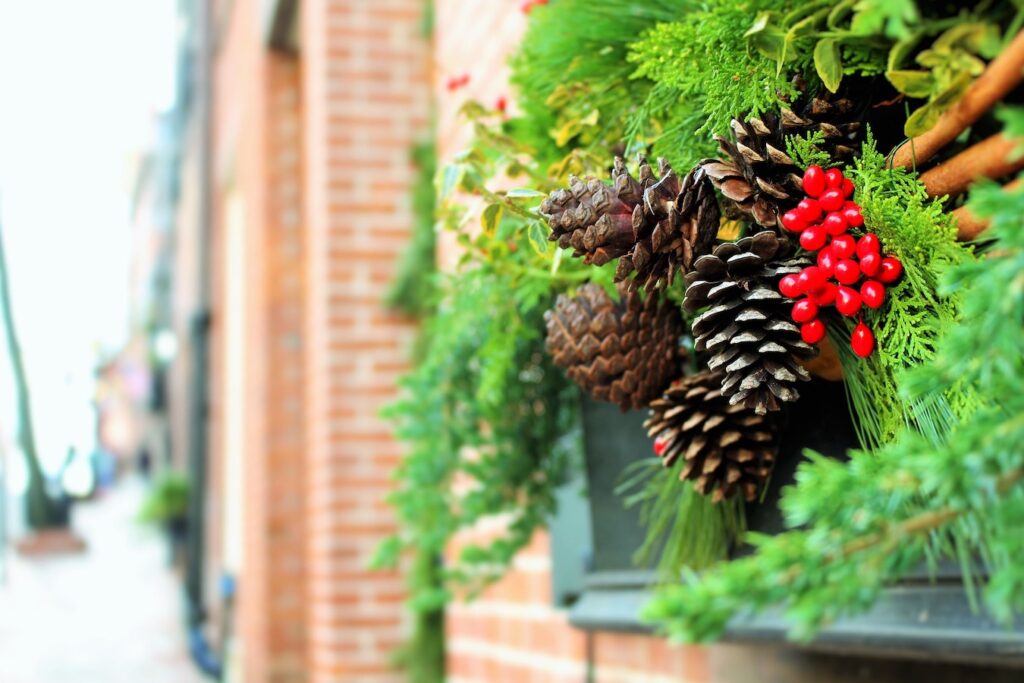 holiday garland outside windows
